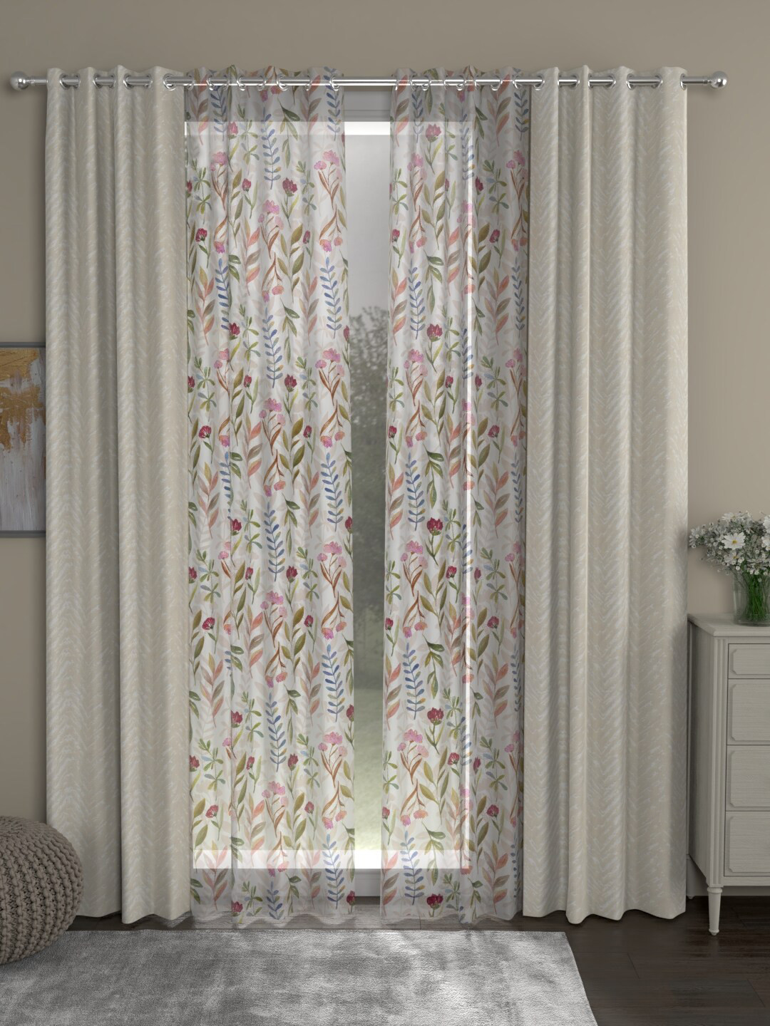

ROSARA HOME Set of 4 Cream-Coloured & White Floral Long Door Curtain