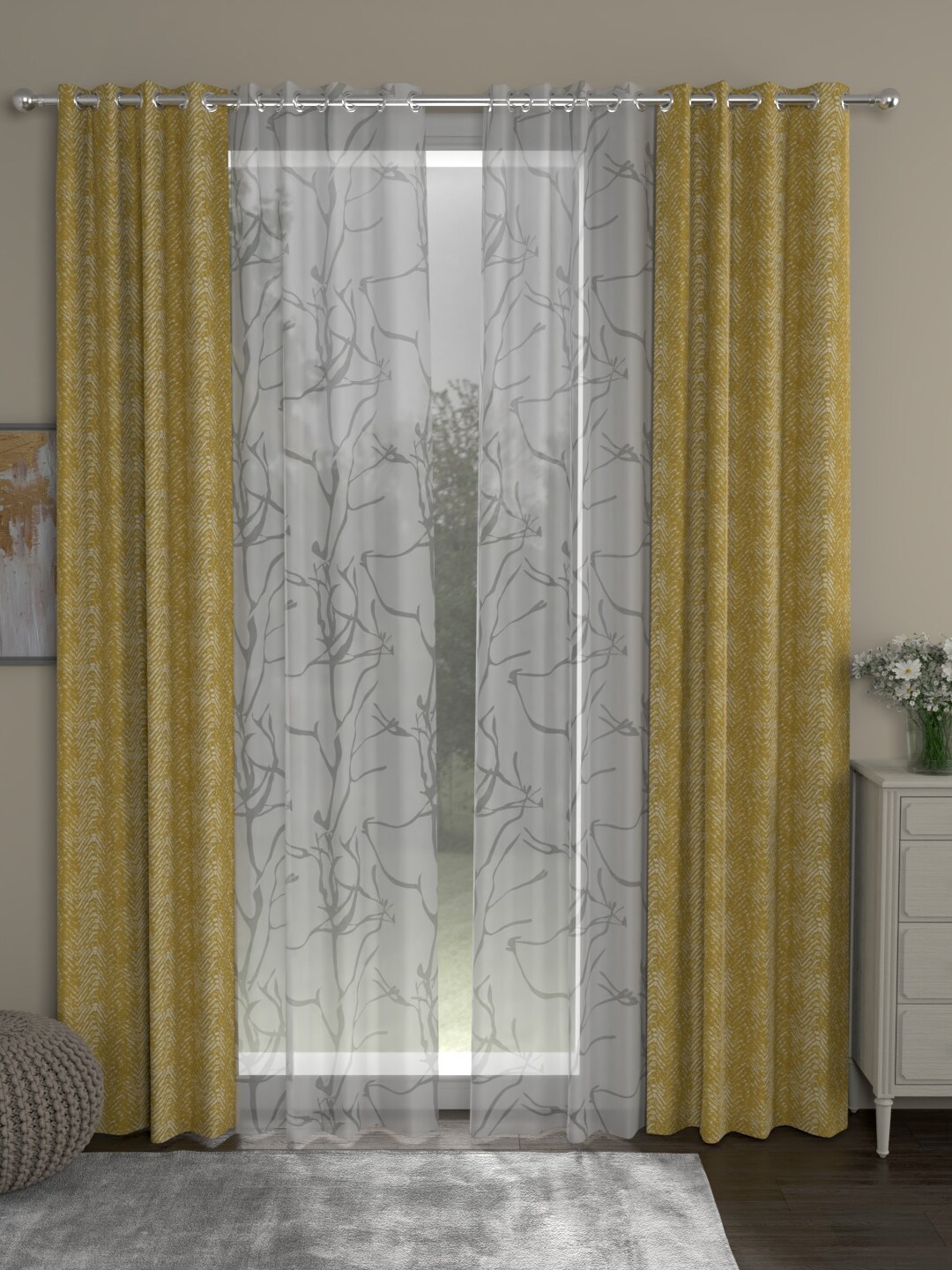 

ROSARA HOME Set of 4 Mustard & Transparent Printed Long Door Curtains