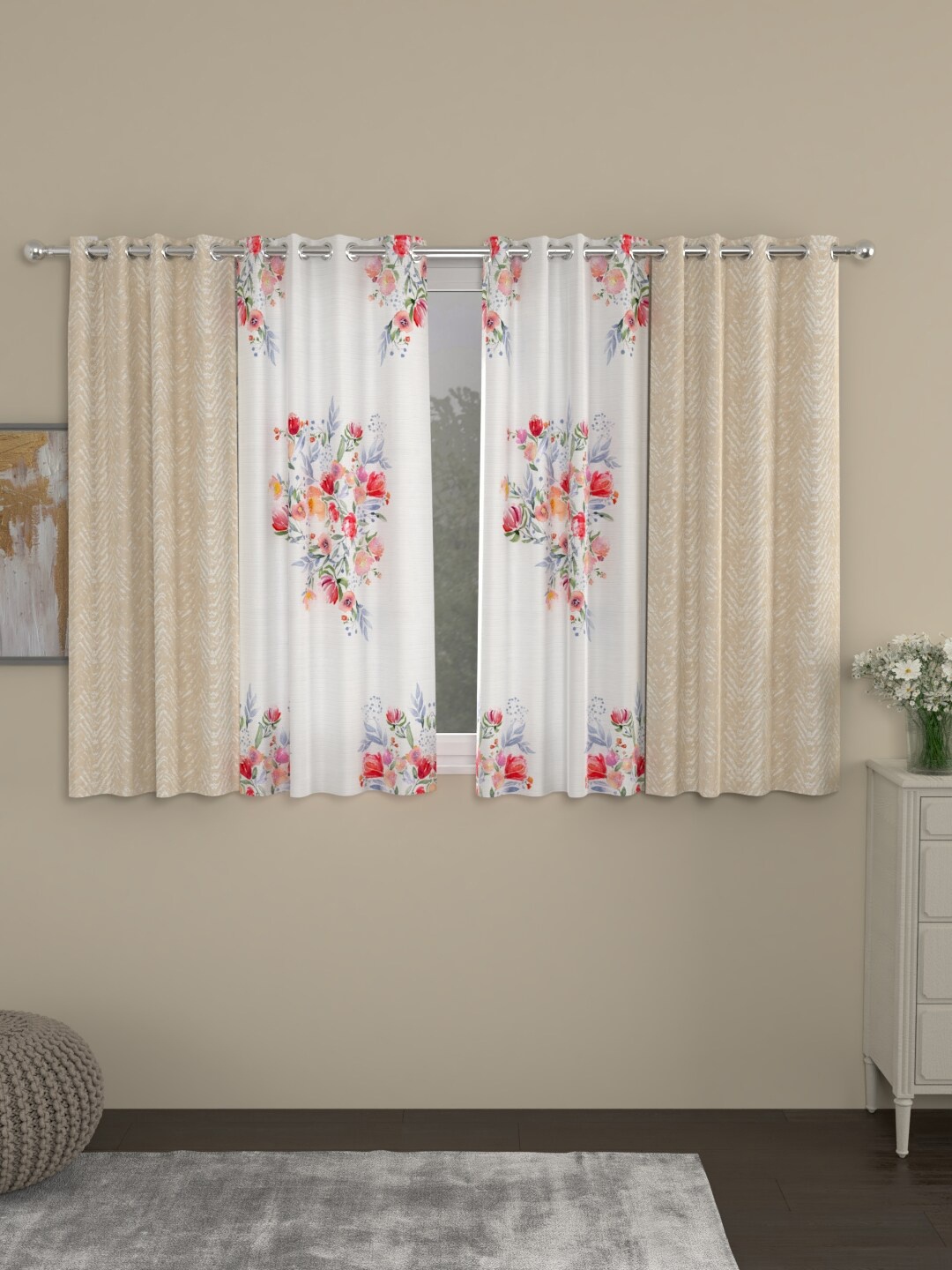 

ROSARA HOME Beige & White Set of 4 Floral Window Curtain