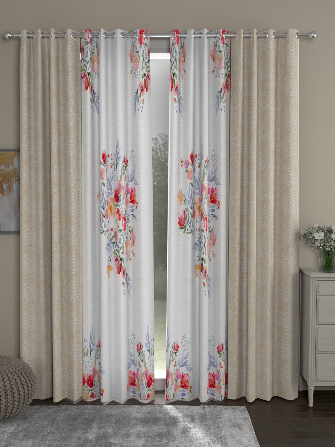 

ROSARA HOME Beige & Pink Set of 4 Jacquard and Floral Regular and Sheer Door Curtains