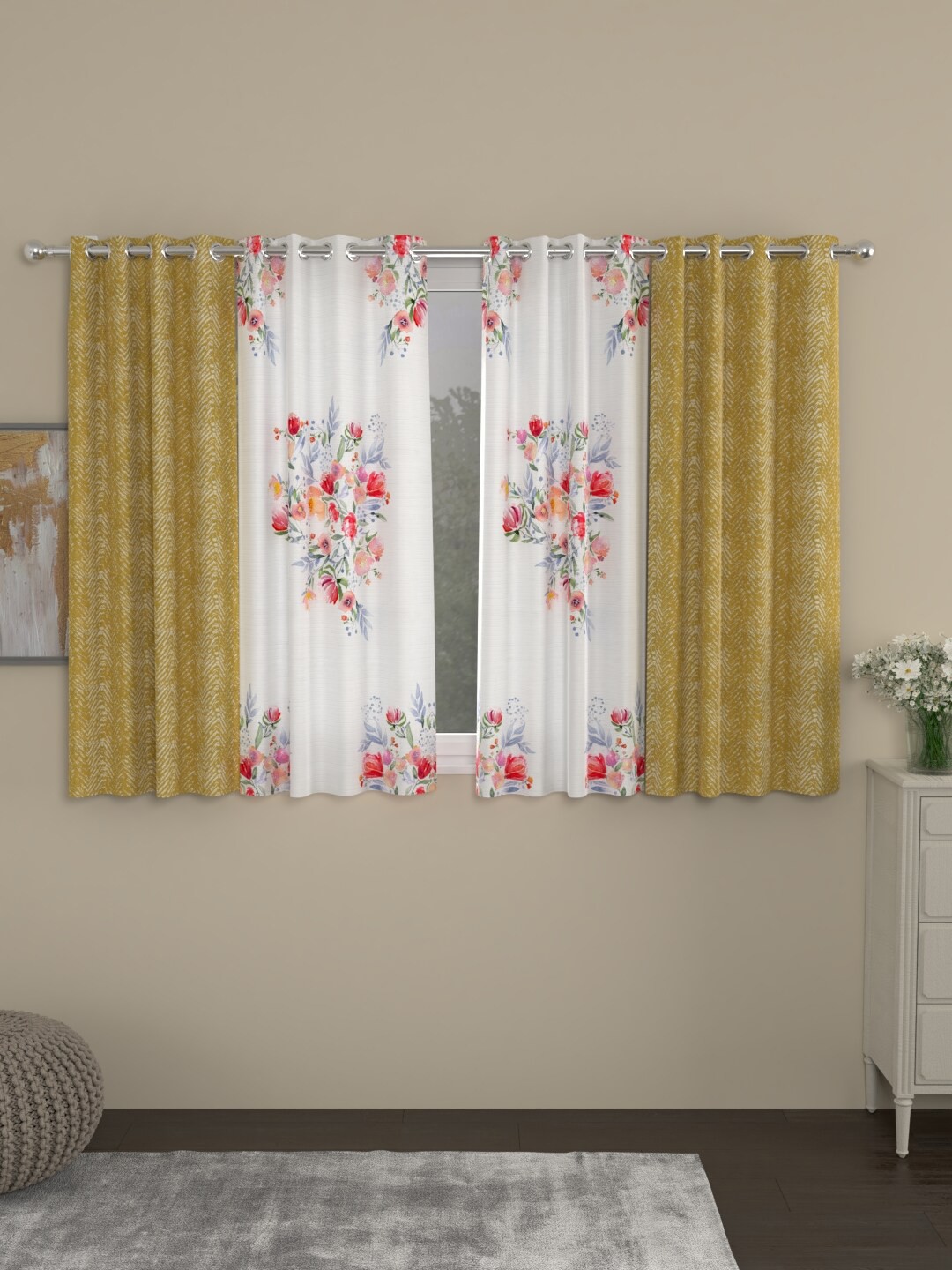 

ROSARA HOME Mustard & White Set of 4 Floral Printed Window Curtain