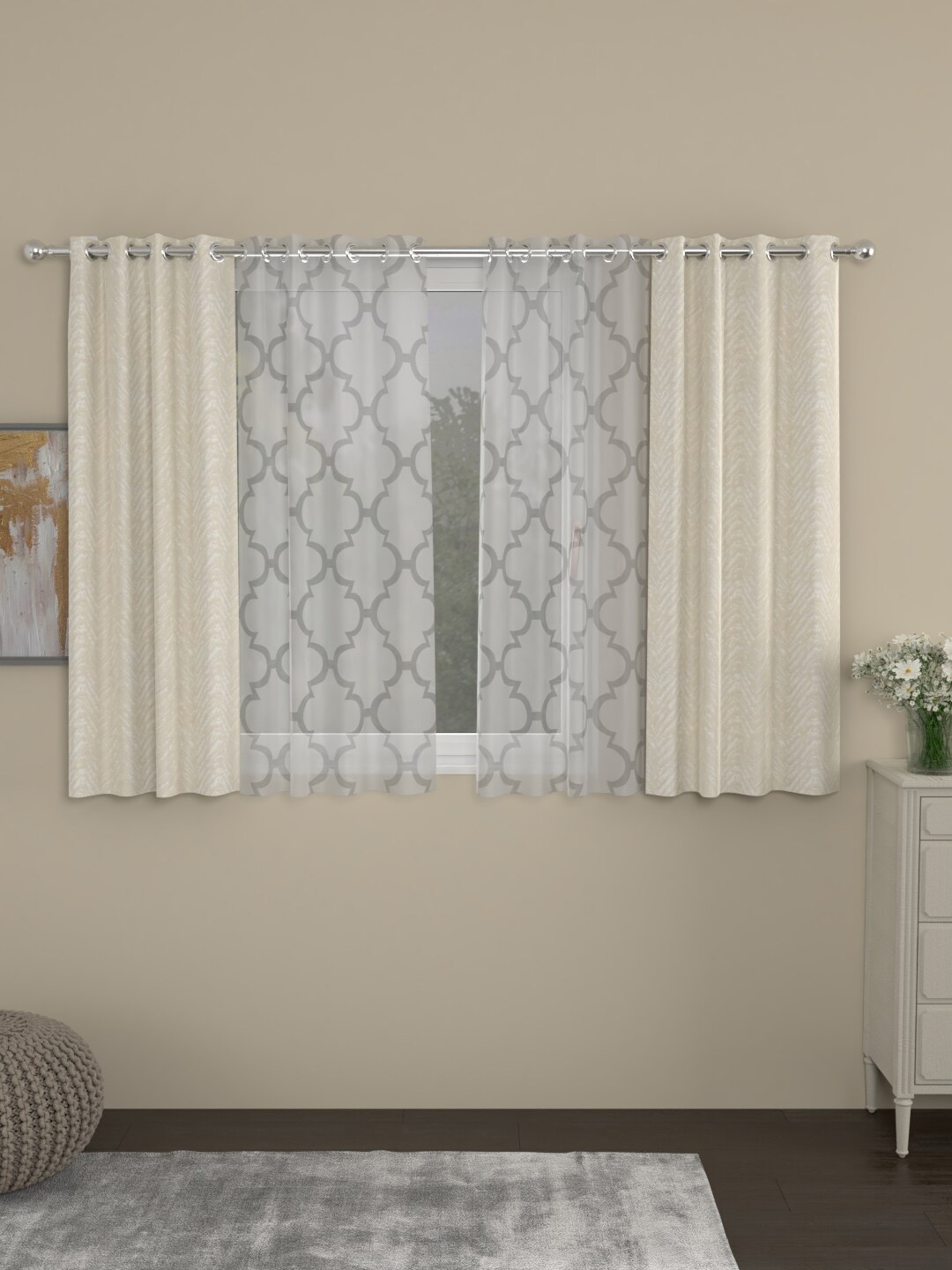 

ROSARA HOME Set of 4 Cream-Coloured & White Geometric Window Curtain