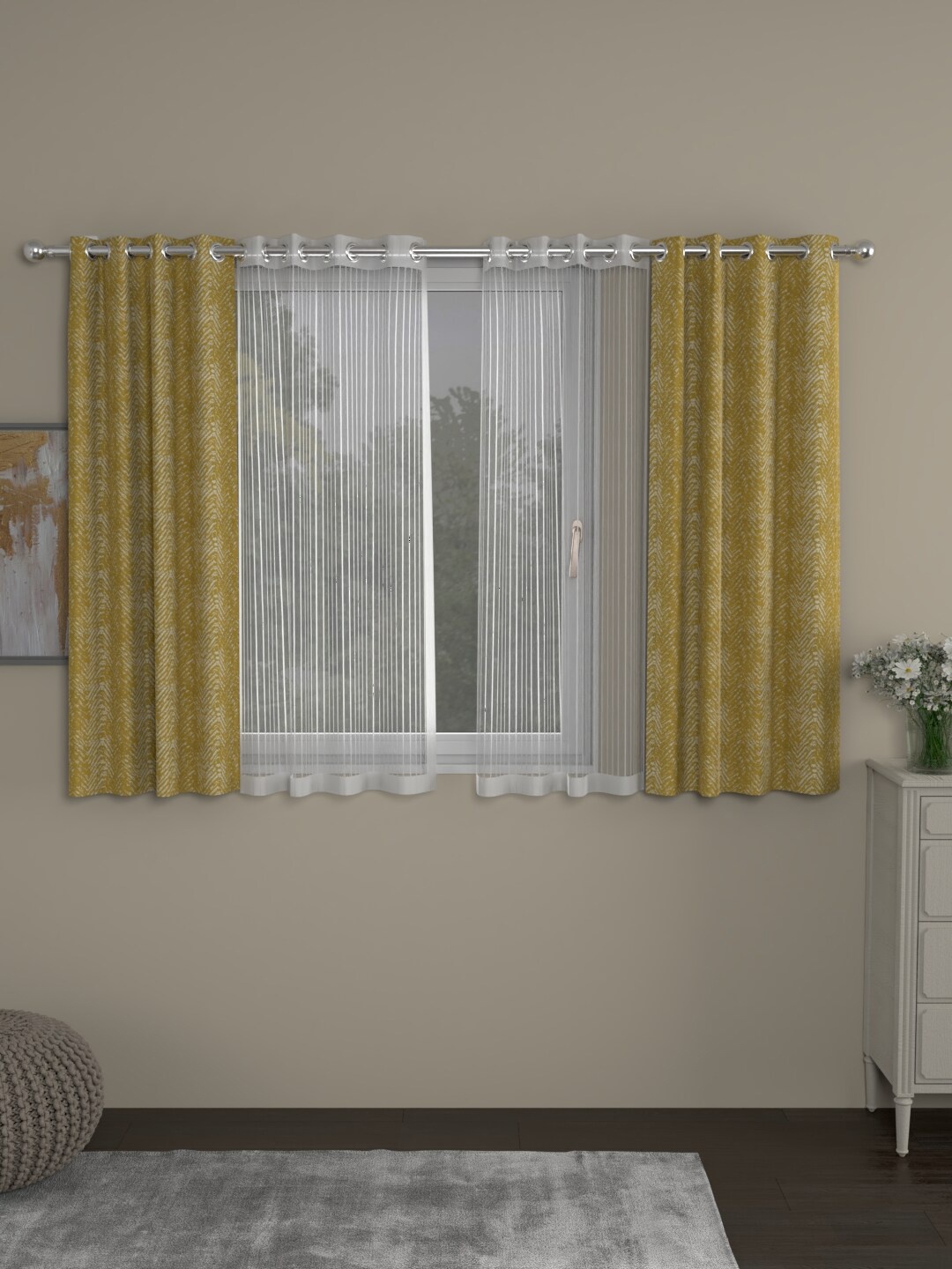 

ROSARA HOME Mustard & White Pack of 4 Regular and Sheer Window Curtains