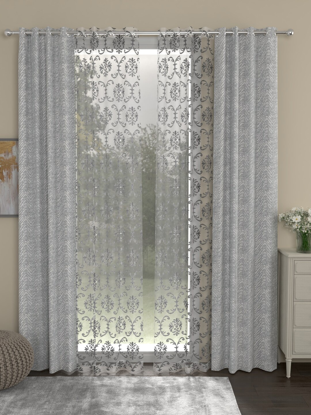 

ROSARA HOME Grey & White Set of 4 Embroidered Door Curtain