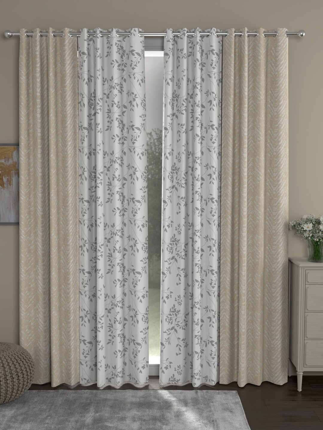 

ROSARA HOME Beige & White Set of 4 Floral Door Curtain
