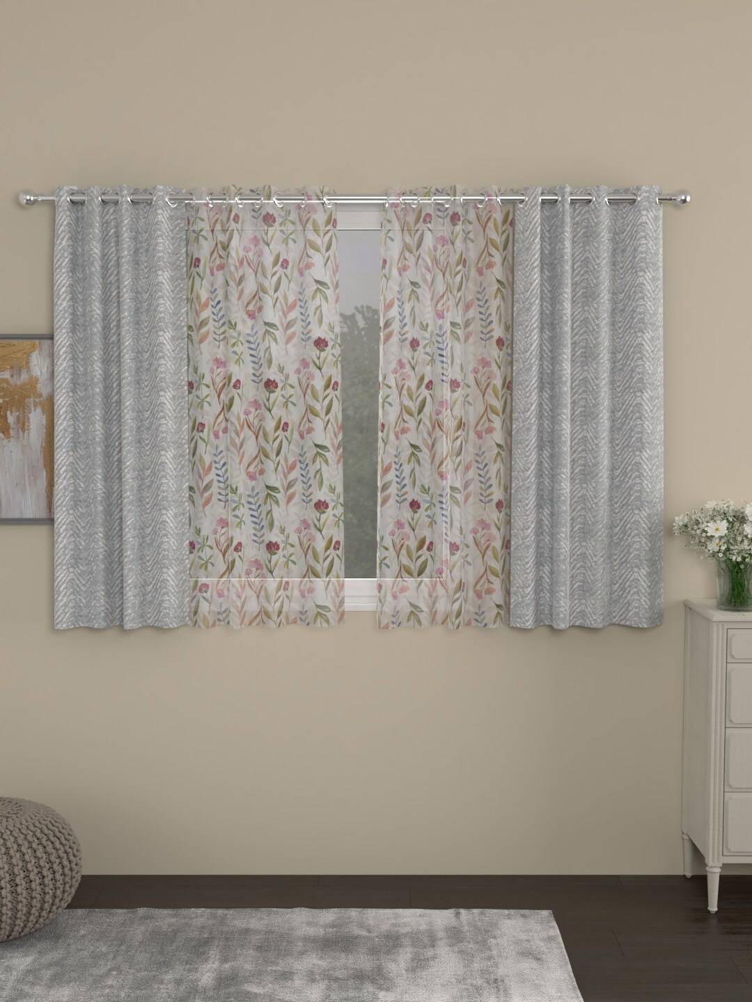 

ROSARA HOME Grey & Pink Set of 4 Floral Window Curtain