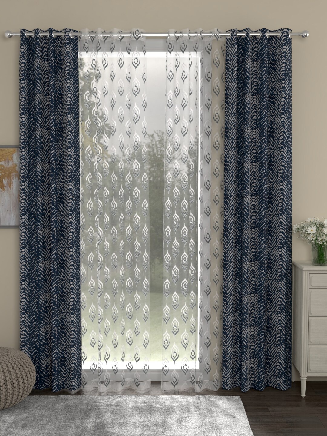 

ROSARA HOME Set Of 4 Navy Blue & White Printed Long Door Curtain