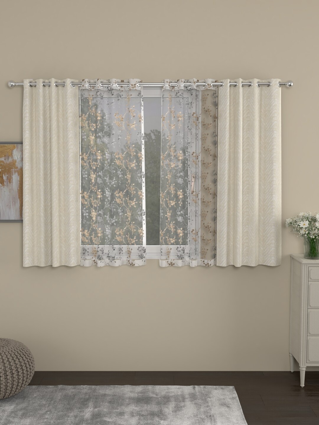 

ROSARA HOME Cream-Coloured & White Set of 4 Jacquard Sheer & Regular Window Curtains