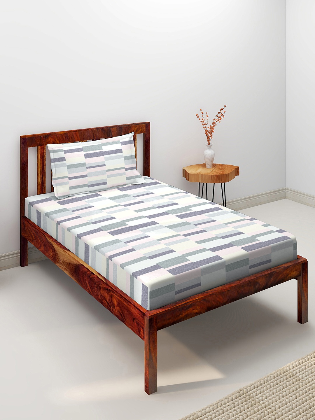 

Duroflex Blue & Grey Geometric 104 TC Single Bedsheet with 1 Pillow Covers