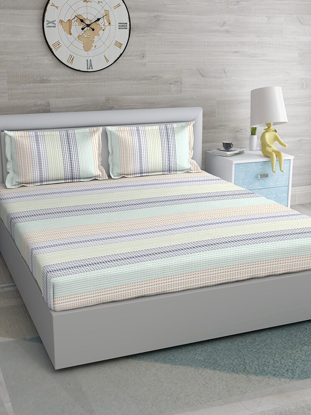

Duroflex Blue & Green Striped 104 TC Pure Cotton Queen Bedsheet with 2 Pillow Covers