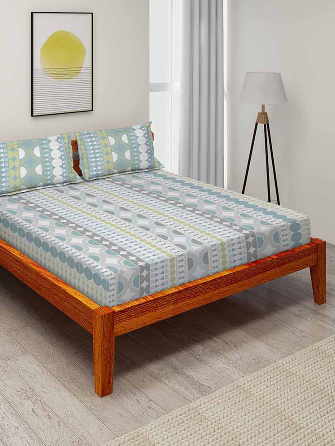 

Duroflex Blue & White Geometric 104 TC Queen Bedsheet with 2 Pillow Covers