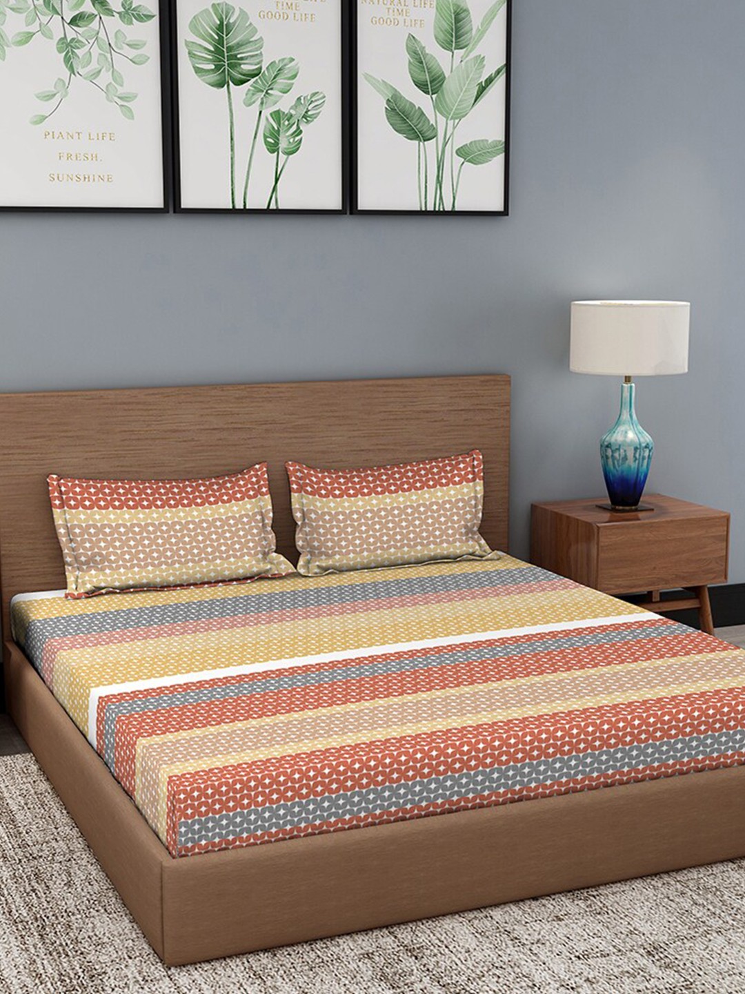 

Duroflex Yellow & Purple Striped Printed Cotton 104 TC Queen Bedsheet With 2 Pillow Covers