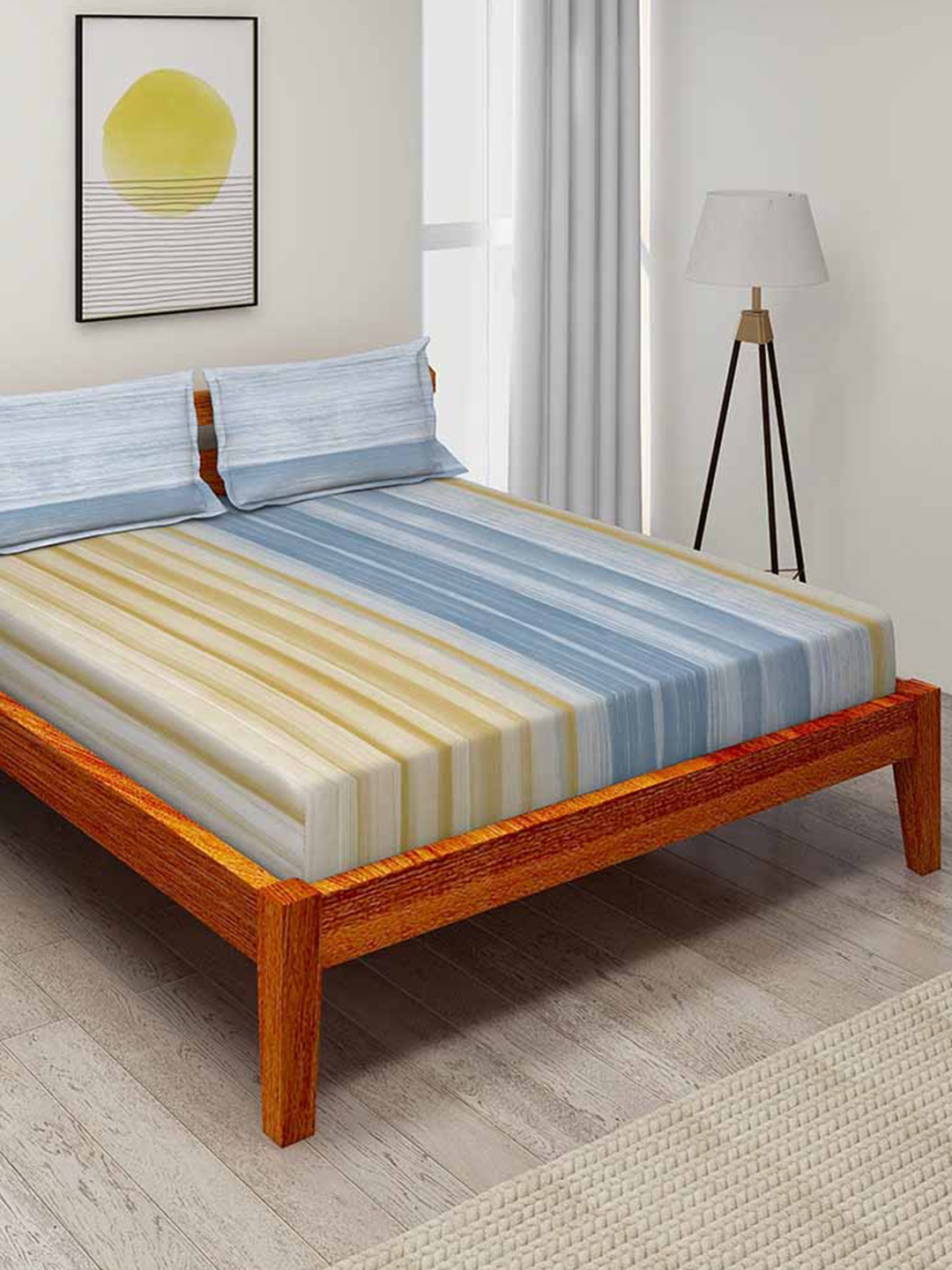 

Duroflex Blue & Yellow Striped 104 TC Queen Bedsheet with 2 Pillow Covers