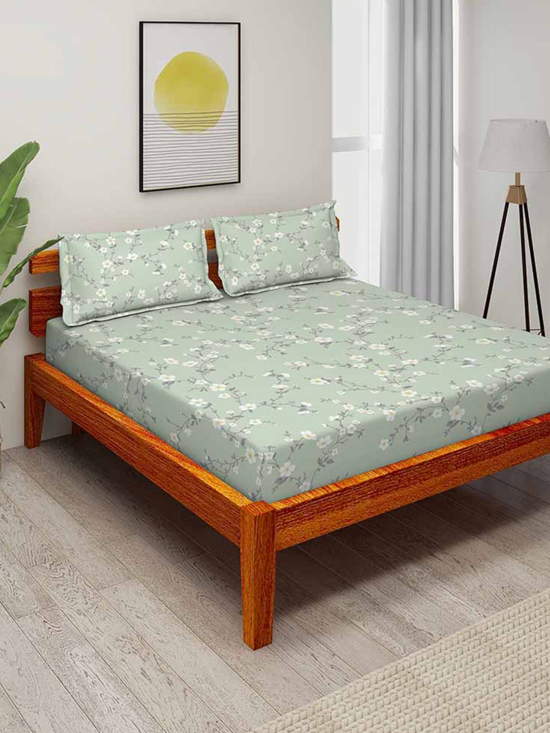 

Duroflex Unisex Blue Floral Printed 210 TC Cotton 1 King Bedsheet with 2 Pillow Covers, Sea green