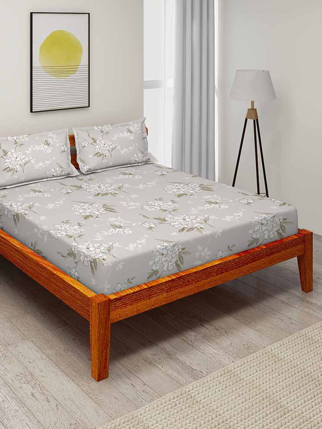 

Duroflex Grey & White Floral 104 TC Queen Bedsheet with 2 Pillow Covers
