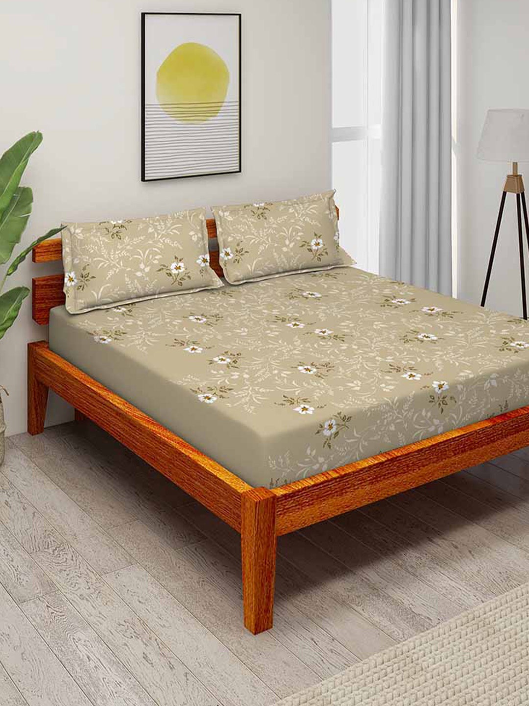 

Duroflex Brown & Green Floral 104 TC Cotton Queen Bedsheet with 2 Pillow Covers