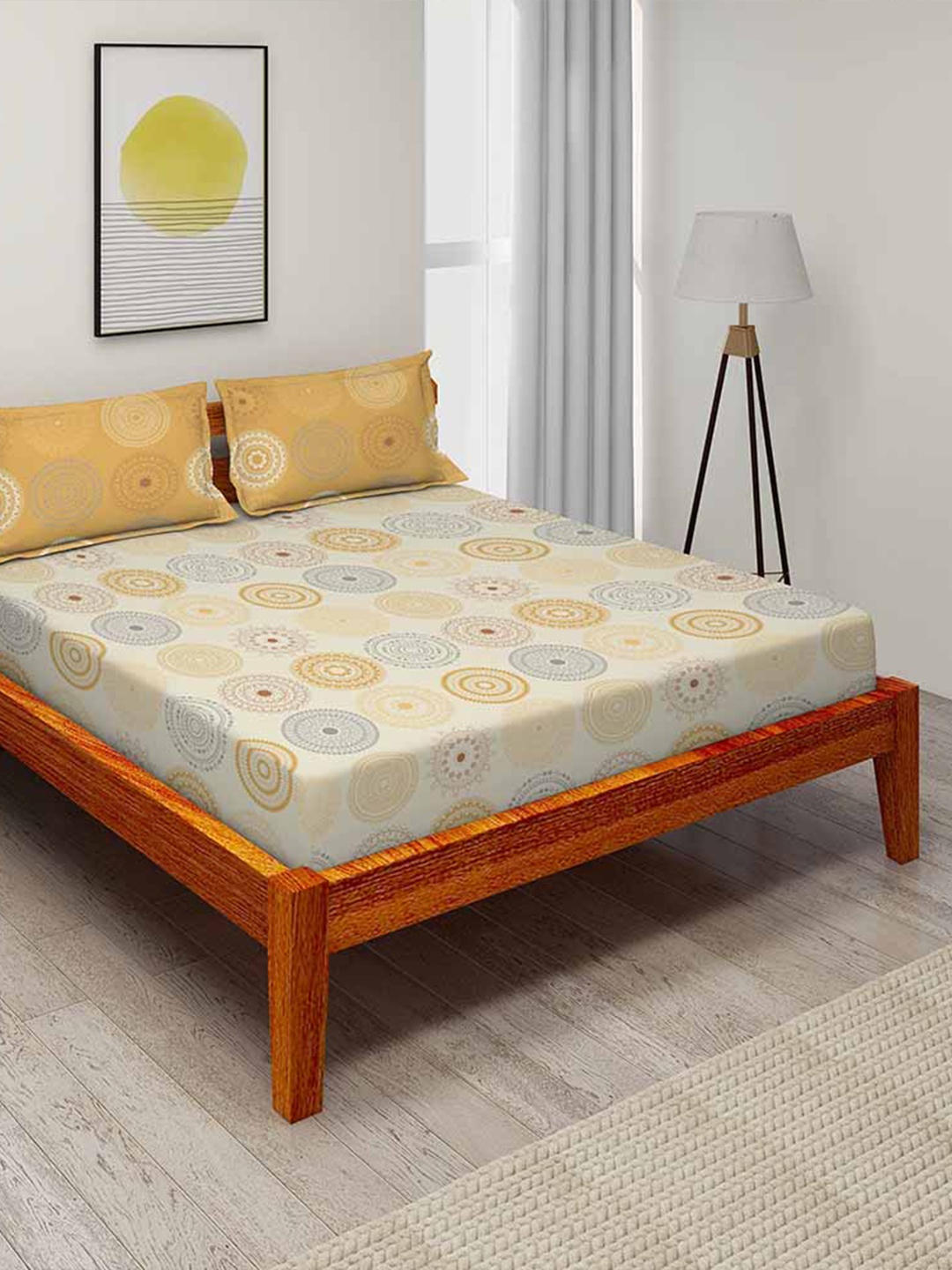 

Duroflex White & Brown Geometric 104 TC Queen Bedsheet with 2 Pillow Covers