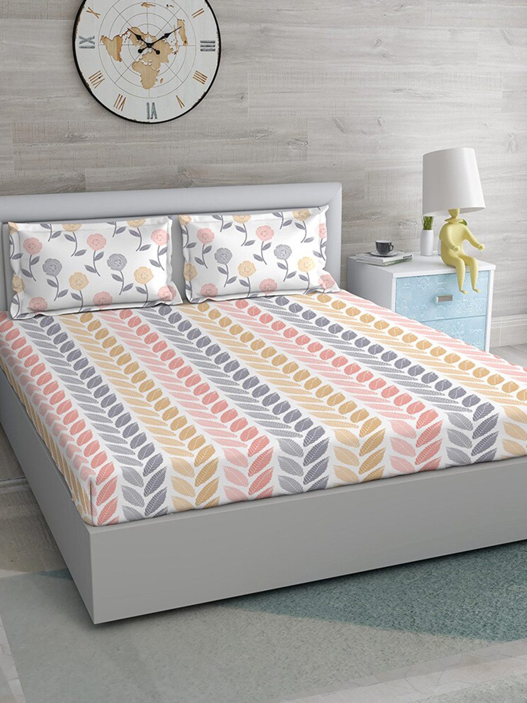 

Duroflex Pink & Grey Floral 104 TC Pure Cotton Queen Bedsheet with 2 Pillow Covers