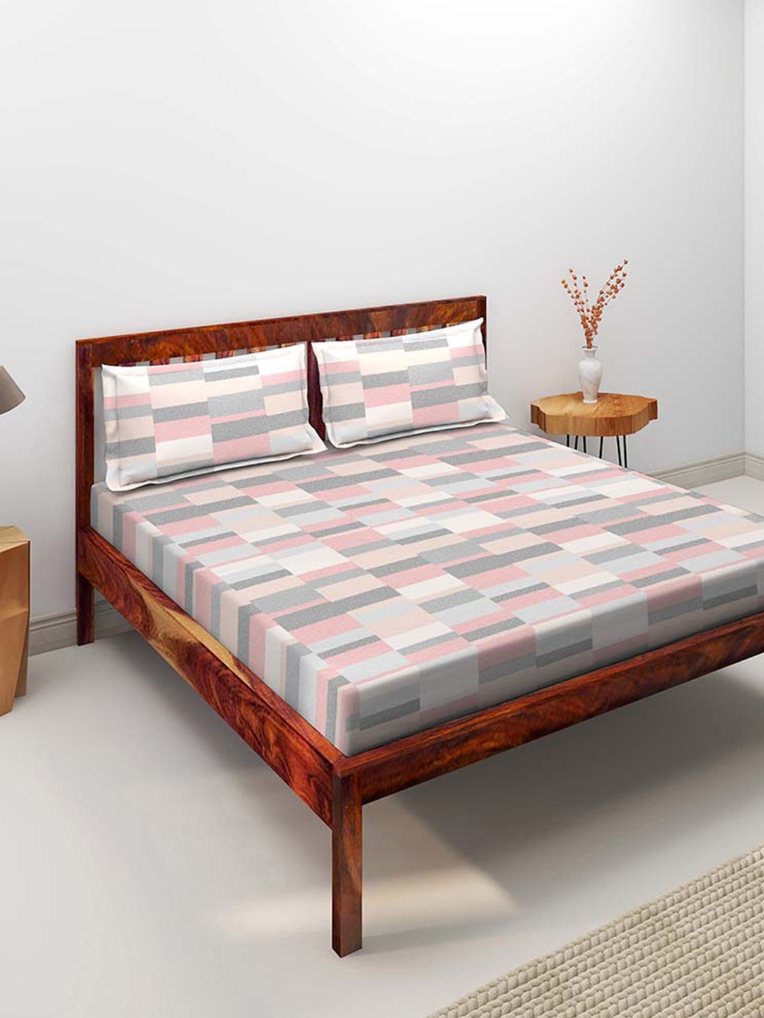 

Duroflex Pink & Grey Geometric 104 TC Pure Cotton Queen Bedsheet with 2 Pillow Covers