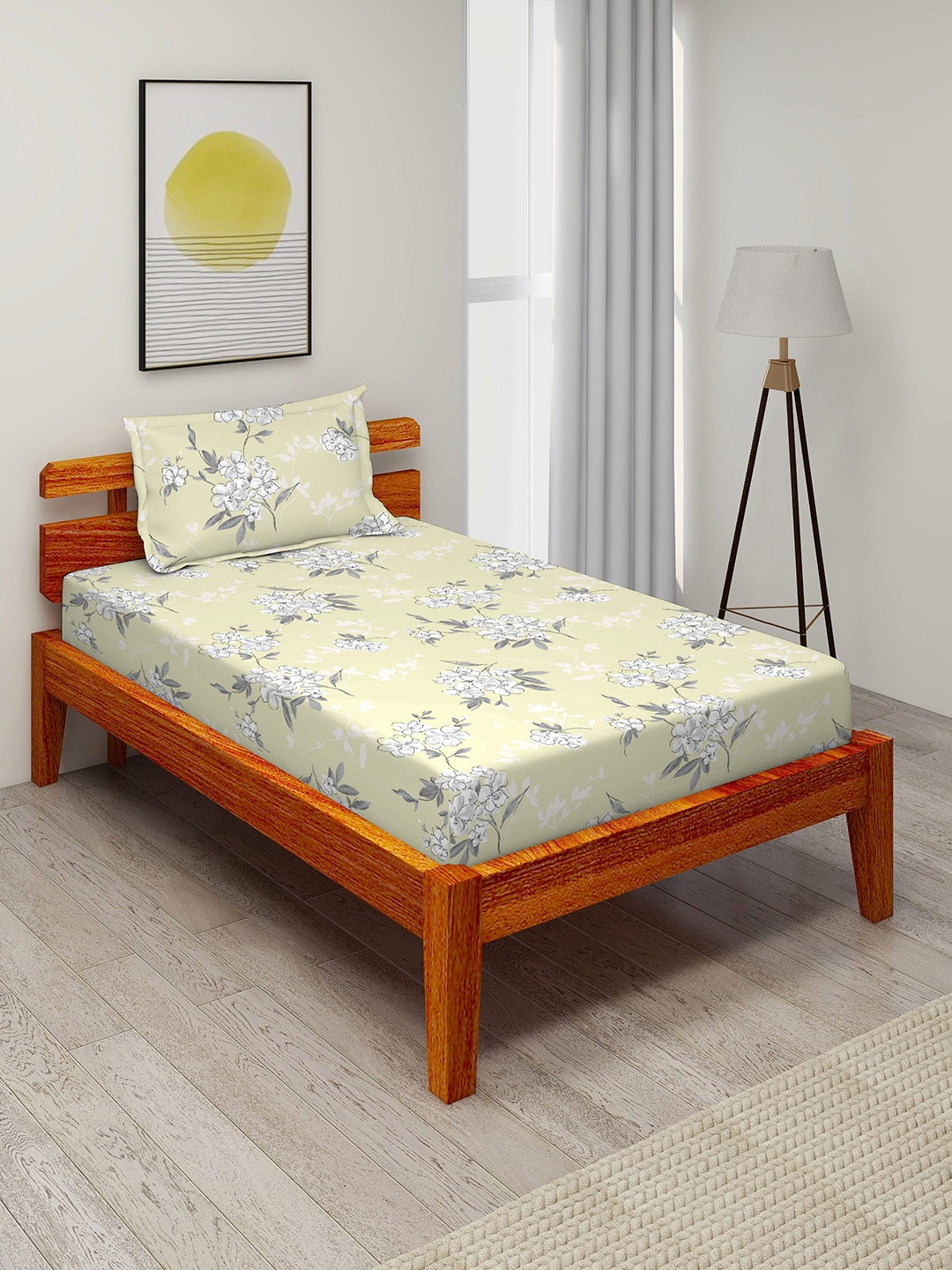 

Duroflex Floral Printed 104 TC Single Bedsheet with 2 Pillow Covers, Yellow