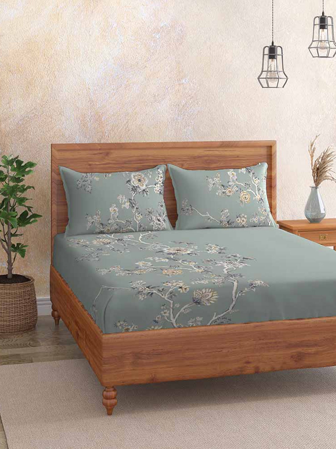 

Duroflex Green & White Floral 104 TC Pure Cotton Queen Bedsheet with 2 Pillow Covers