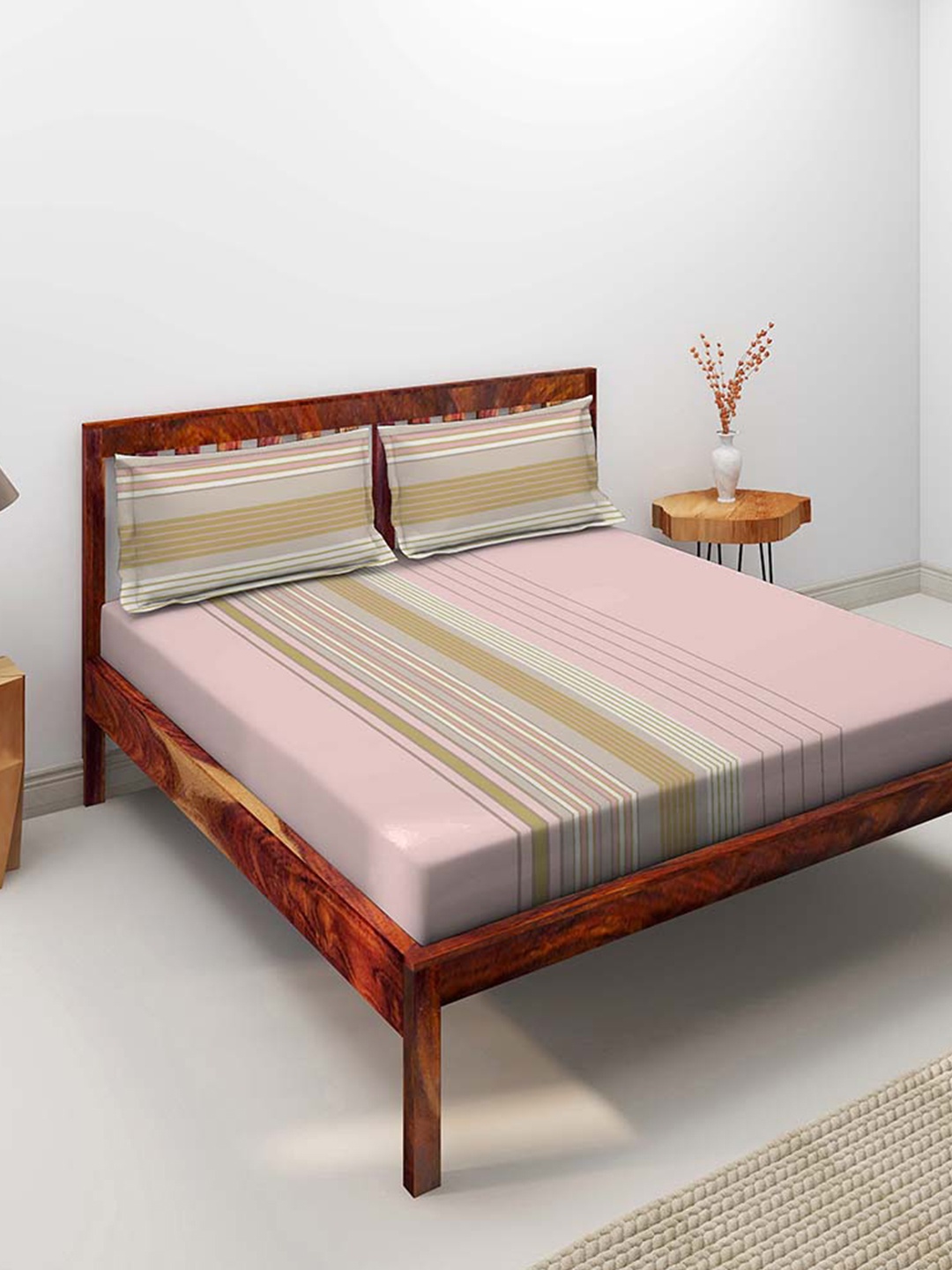 

Duroflex Pink & Brown Striped 104 TC Queen Bedsheet with 2 Pillow Covers