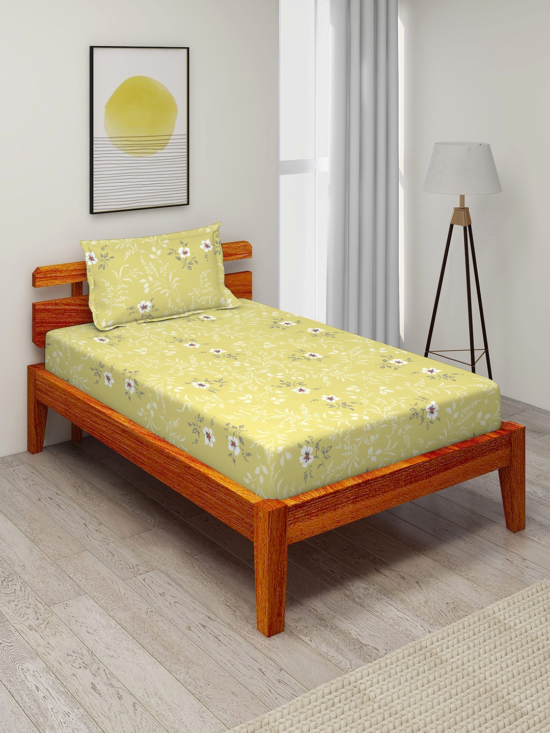 

Duroflex Unisex Yellow Floral Printed 210 TC Cotton 1 King Bedsheet with 2 Pillow Covers