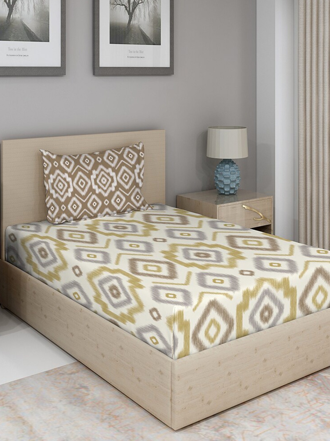 

Duroflex White & Grey Geometric 104 TC Single Bedsheet with 1 Pillow Covers