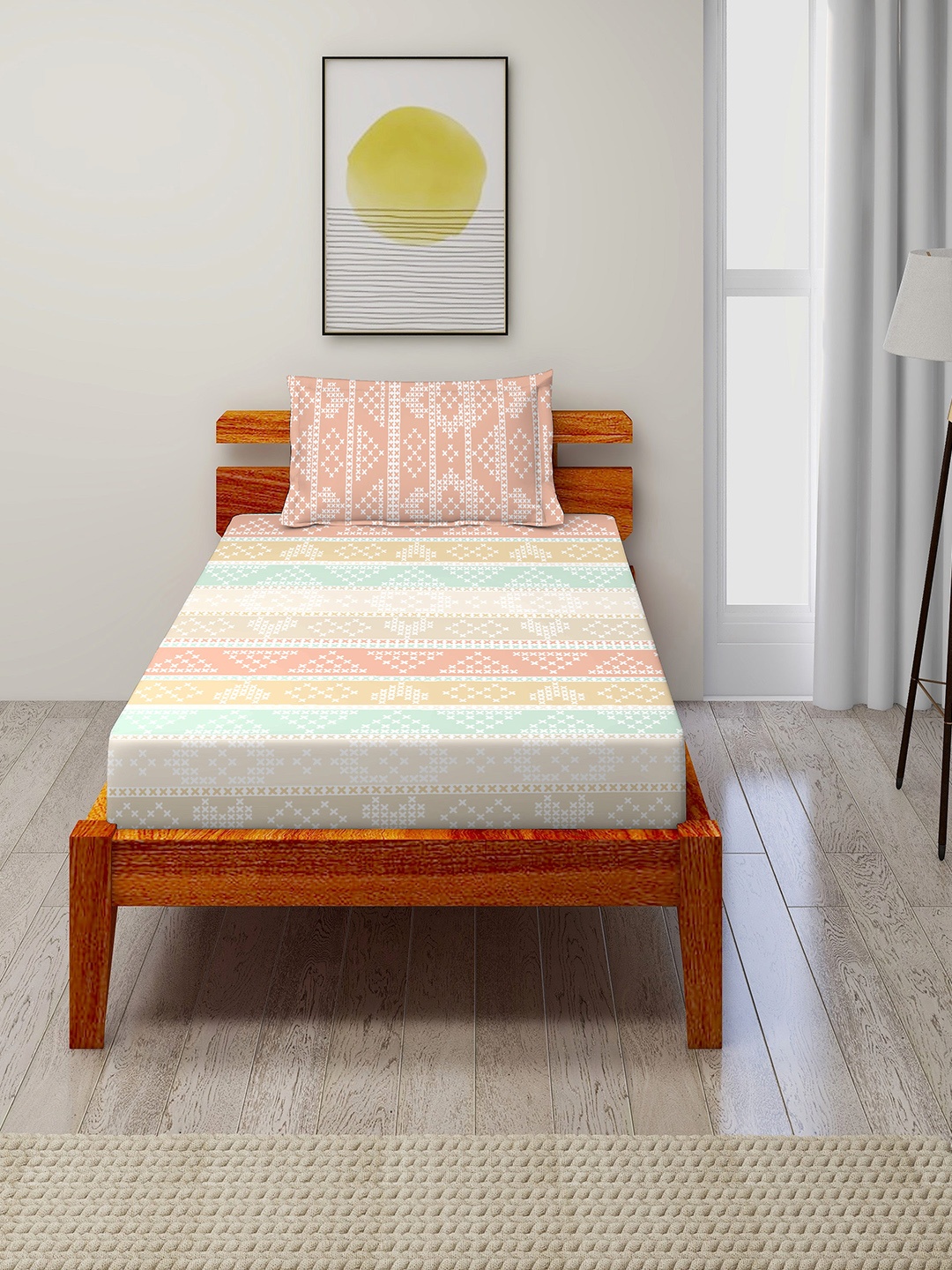 

Duroflex Pink & White Geometric 104 TC Single Bedsheet with 2 Pillow Covers