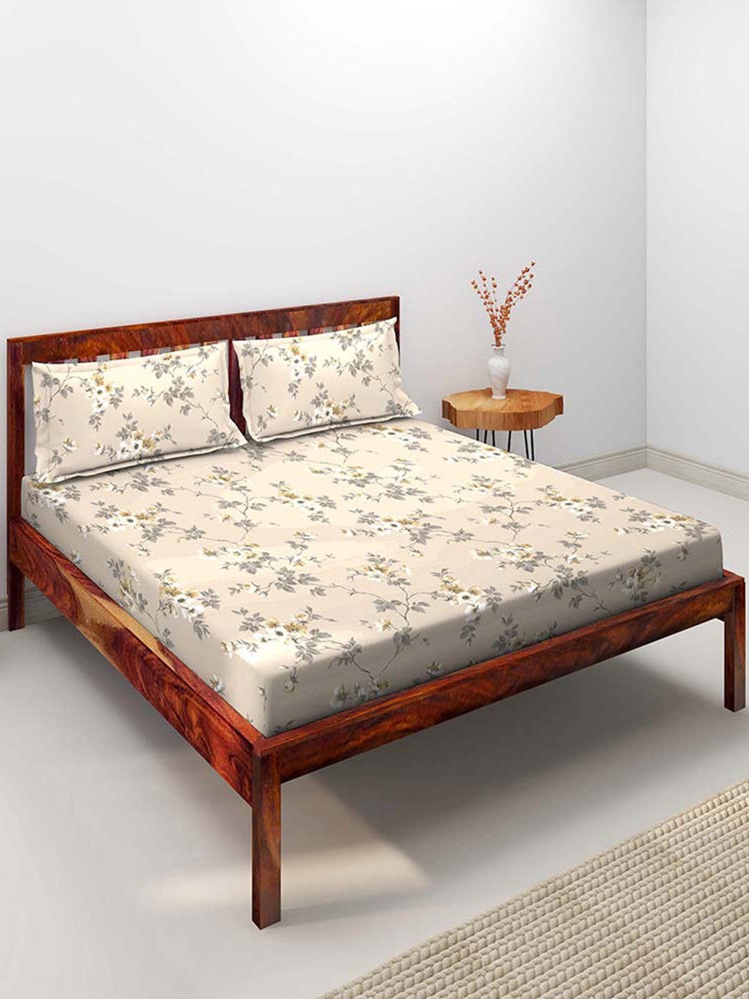 

Duroflex Brown & Grey Floral 104 TC Cotton Queen Bedsheet with 2 Pillow Covers
