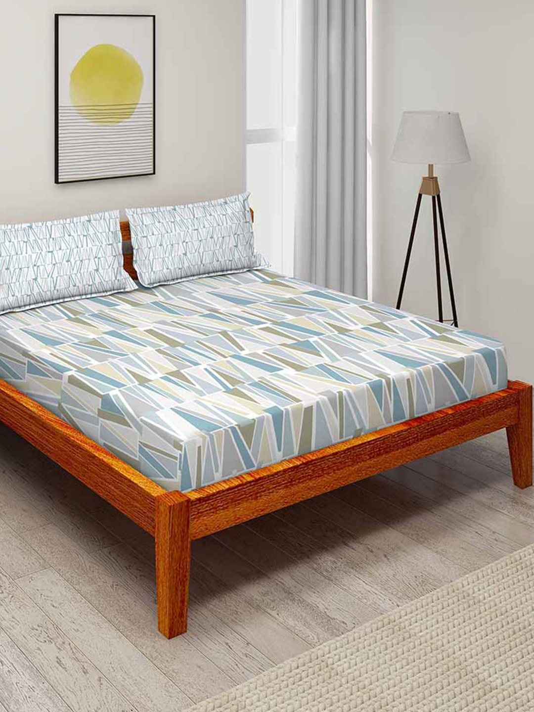 

Duroflex Blue & White Geometric 104 TC Queen Bedsheet with 2 Pillow Covers