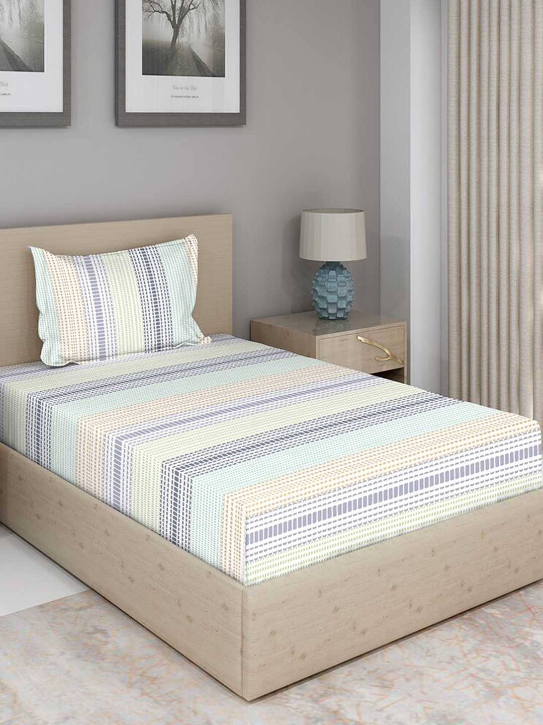 

Duroflex Blue & Yellow Geometric Pure Cotton 120 TC Single Bedsheet with 1 Pillow Covers
