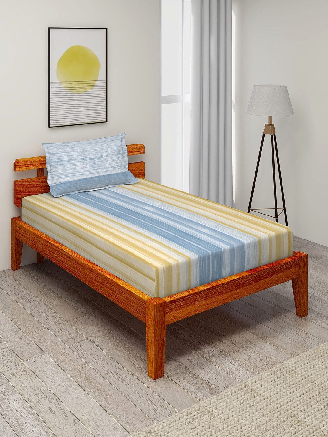 

Duroflex Blue & Yellow Striped 104 TC Pure Cotton Single Bedsheet with 2 Pillow Covers