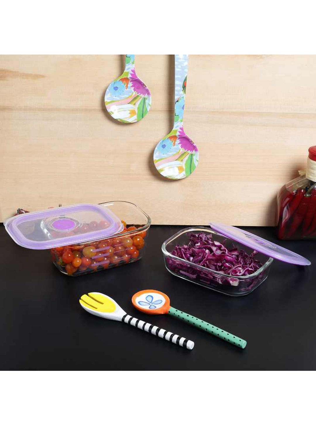 

Decor Set of 2 Purple Glass Food Storage Container Microwave Safe Air Vent Lids
