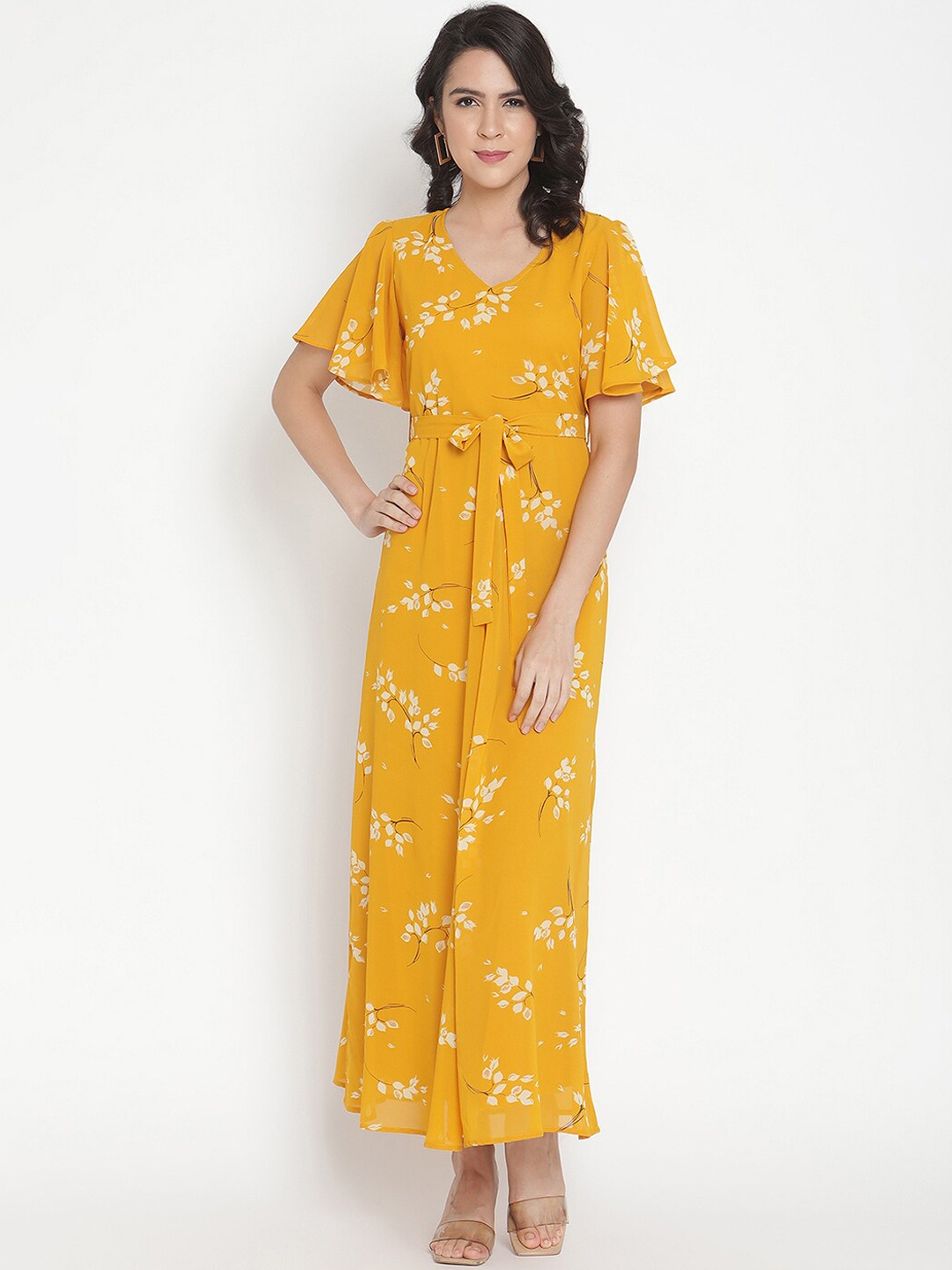 

THREAD MUSTER Mustard Yellow Floral Printed Georgette Maxi Dress With Belt
