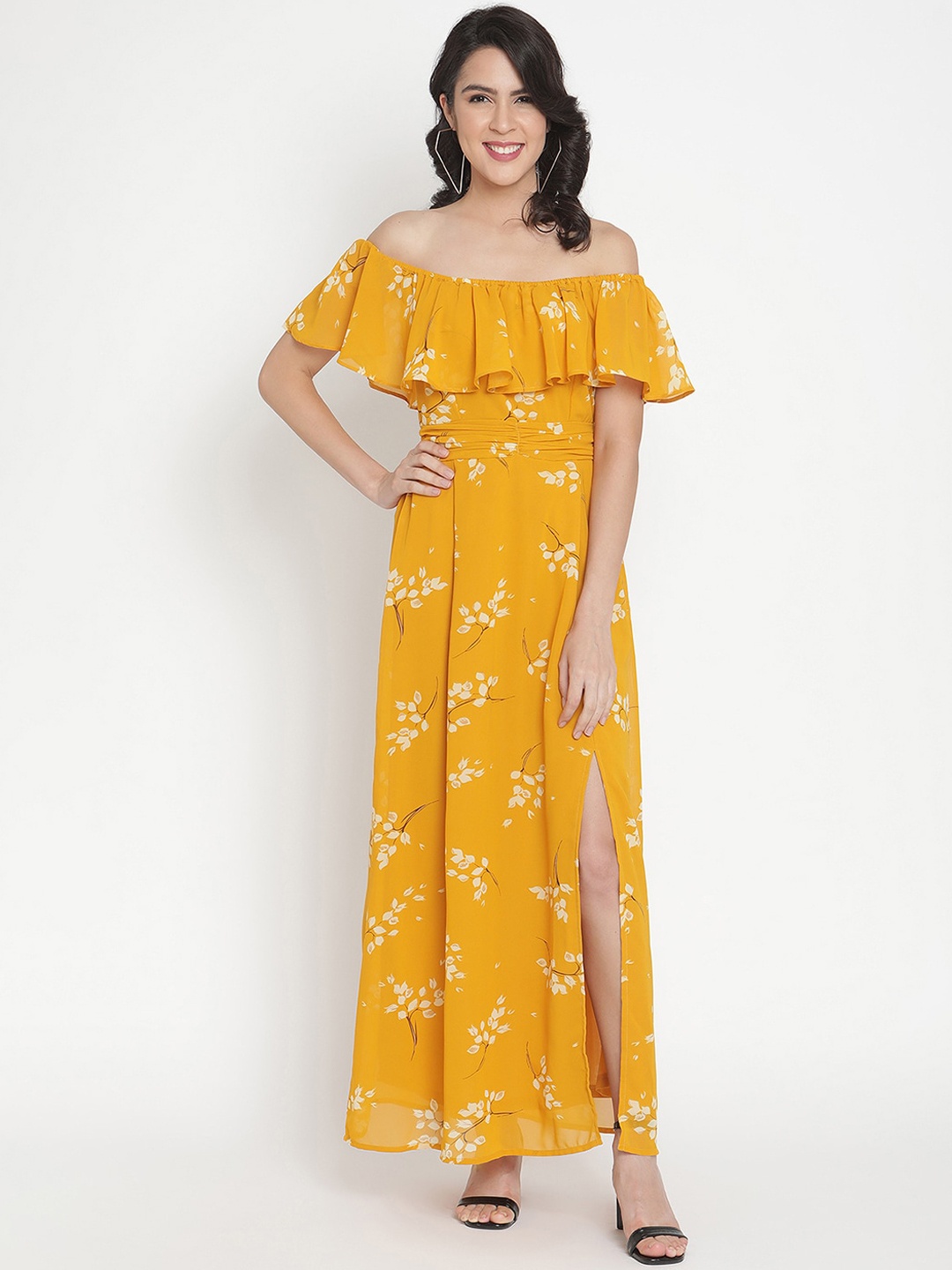 

THREAD MUSTER Mustard Yellow Floral Off-Shoulder Georgette Maxi Dress