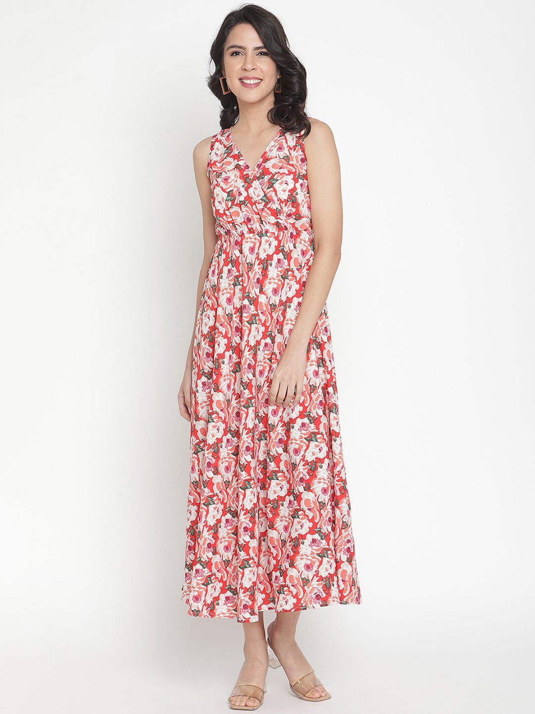 

THREAD MUSTER Red & White Floral Printed Crepe Maxi Dress
