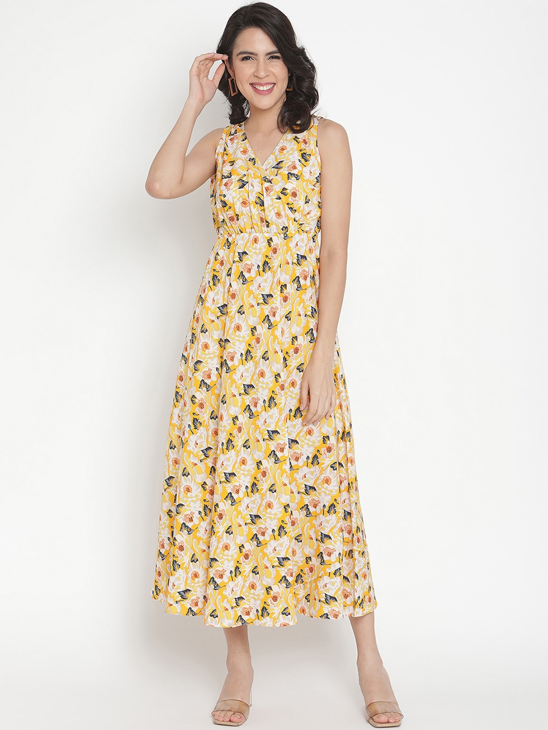 

THREAD MUSTER Yellow & White Floral Printed Crepe Maxi Dress