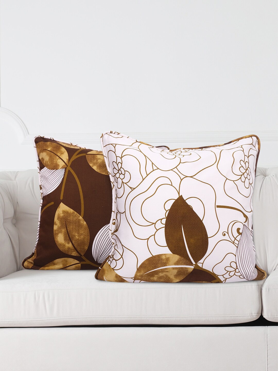 

SWAYAM Brown & White Set of 2 Floral Square Cushion Covers
