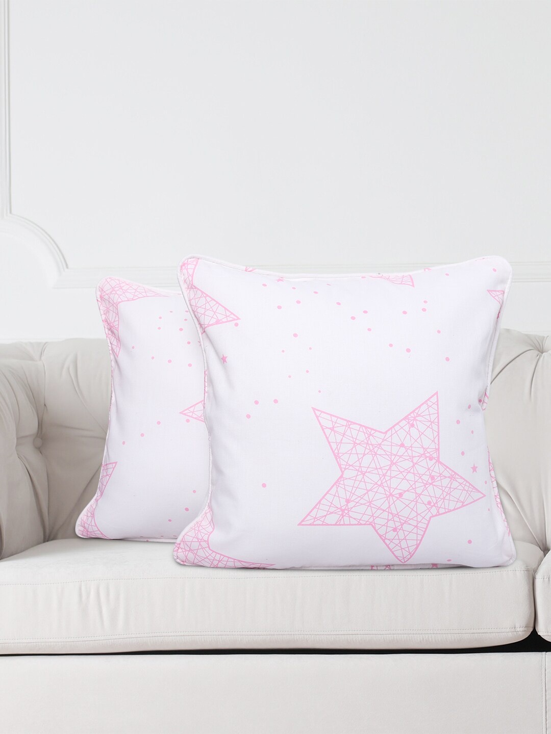 

SWAYAM Set of 2 White & Pink Geometric Square Cushion Covers