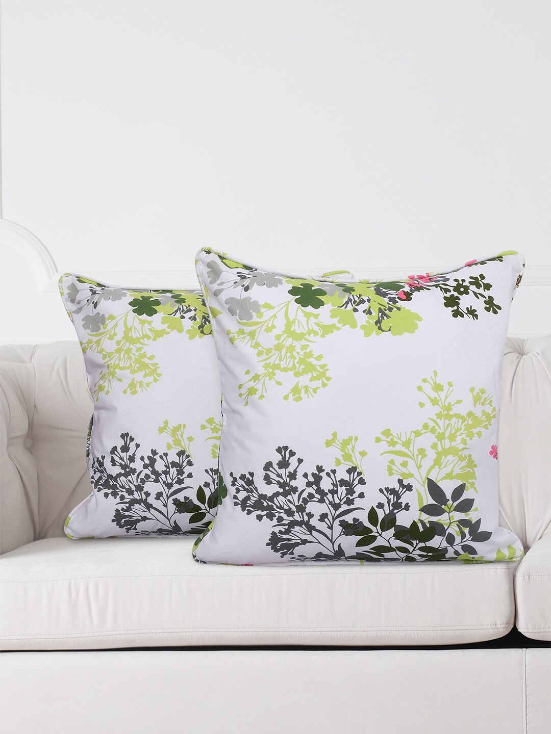 

SWAYAM White & Lime Green Set of 2 Floral Square Cushion Covers