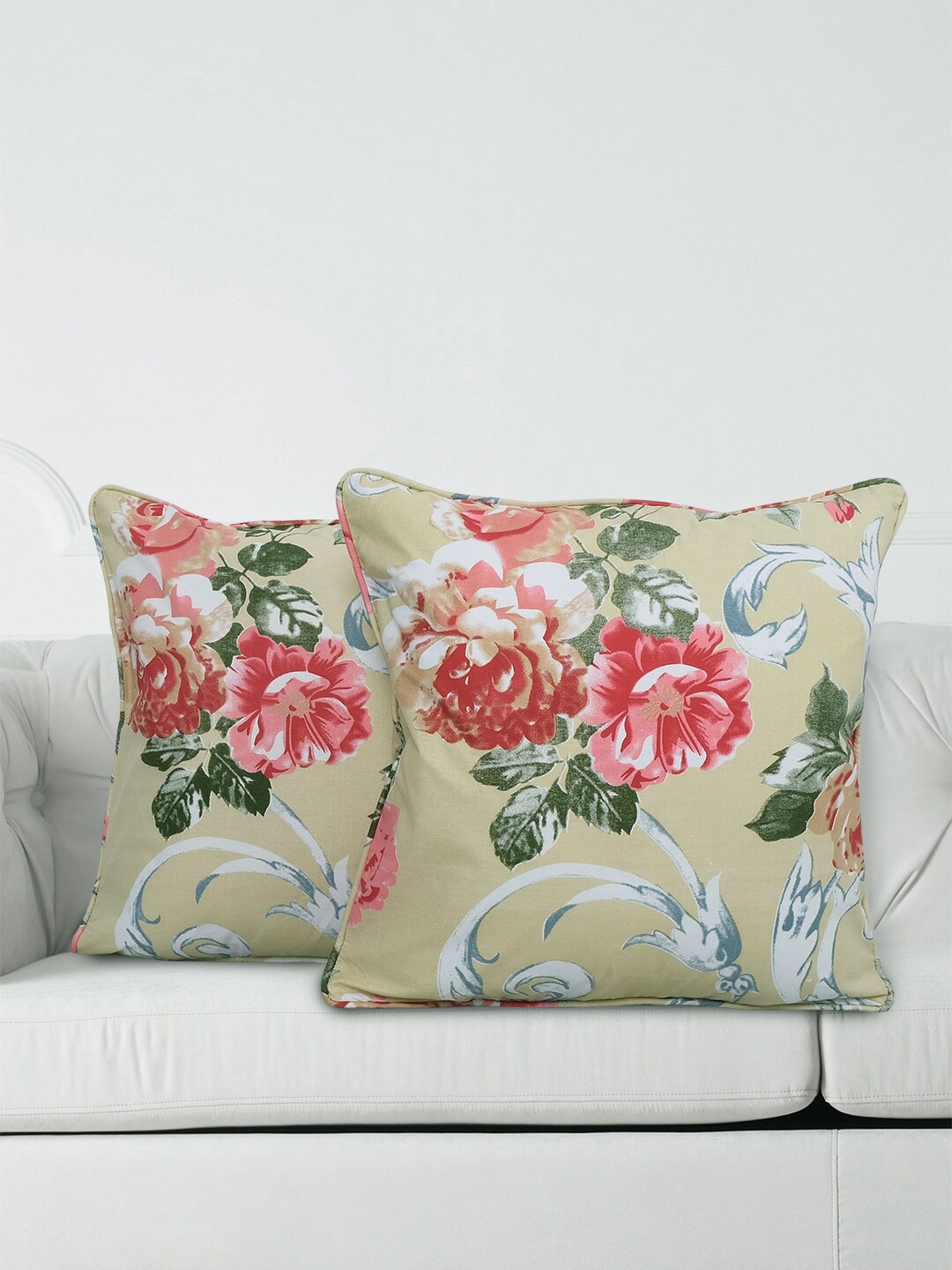 

SWAYAM Beige & Magenta Set of 2 Floral Square Cushion Covers