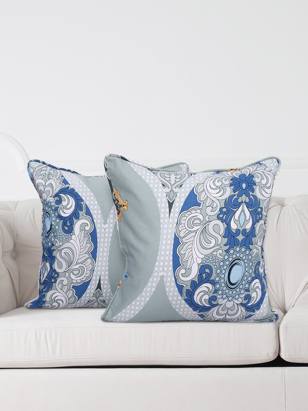 

SWAYAM Set of 2 160 TC Blue & Grey Printed Cotton Cushion Covers