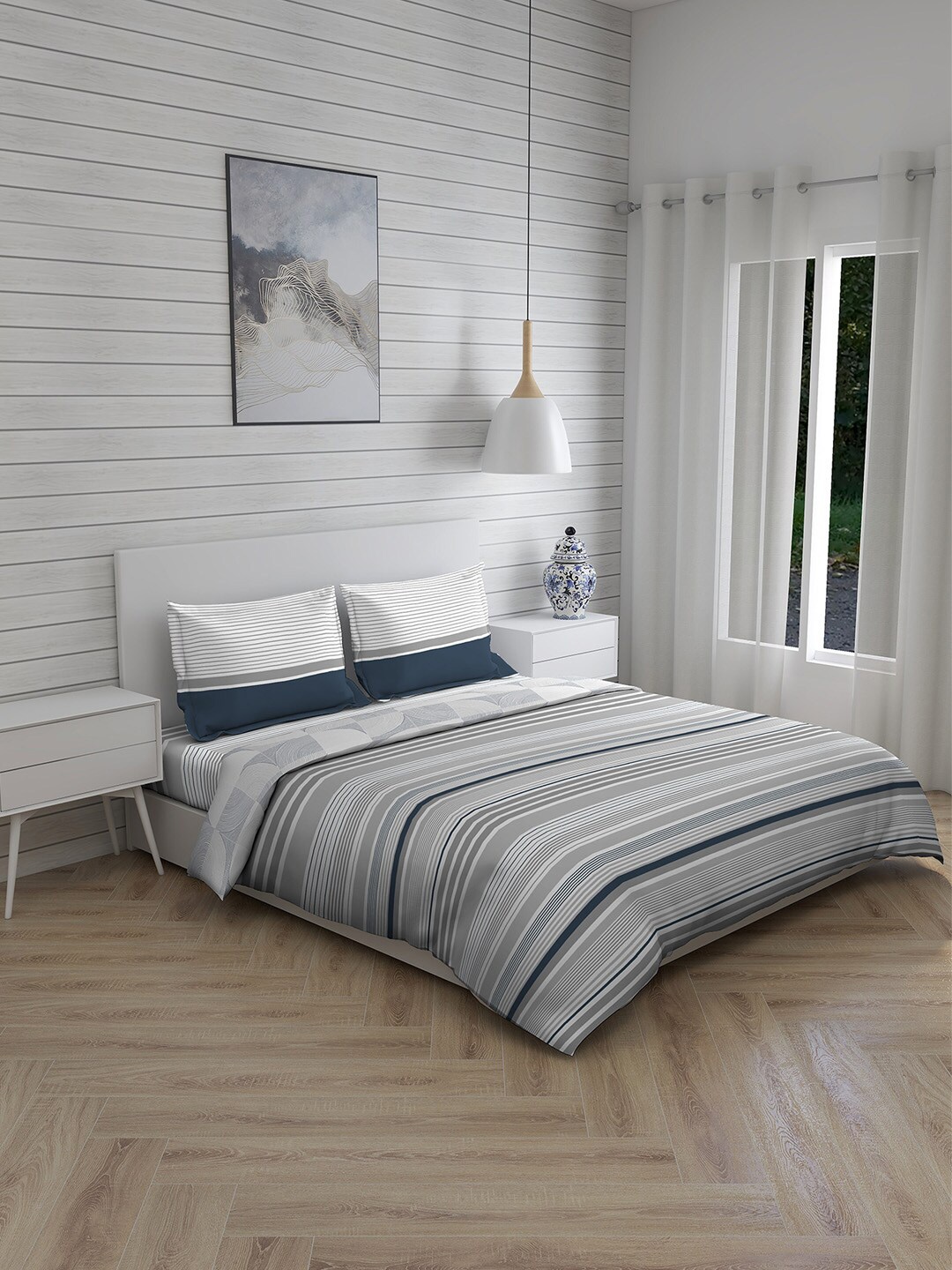 

Boutique Living India Grey & Blue Striped Printed Double Queen Bedding Set