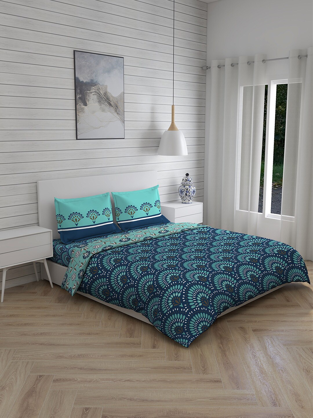 

Boutique Living India Blue & Sea-Green Ethnic Motifs Printed Pure Cotton 112 TC Double King 4-Piece Bedding Set