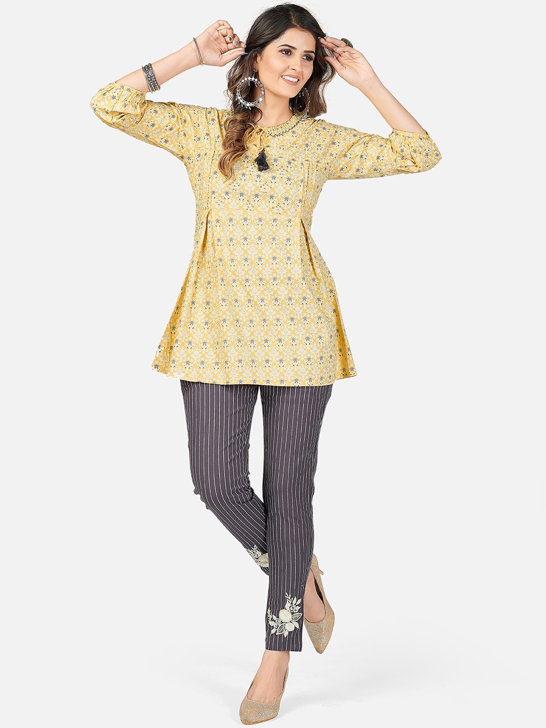 

Vbuyz Women Yellow Pleated Pure Cotton Kurti with Trousers