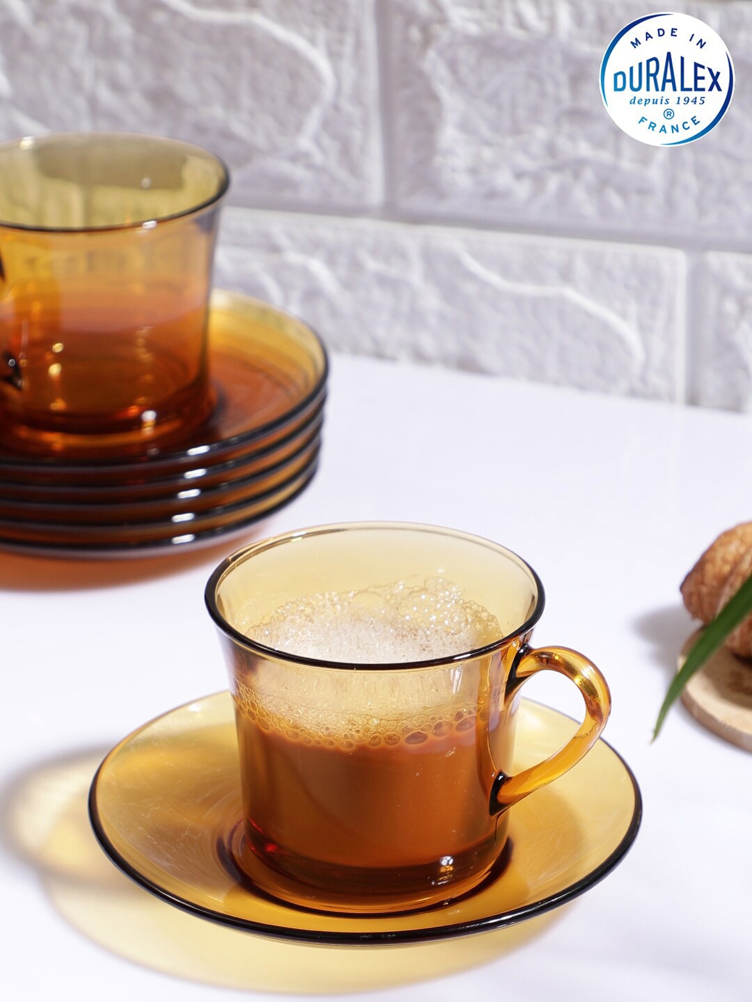 

DURALEX Brown 12 Pcs Solid Glass Glossy Cups & Saucers