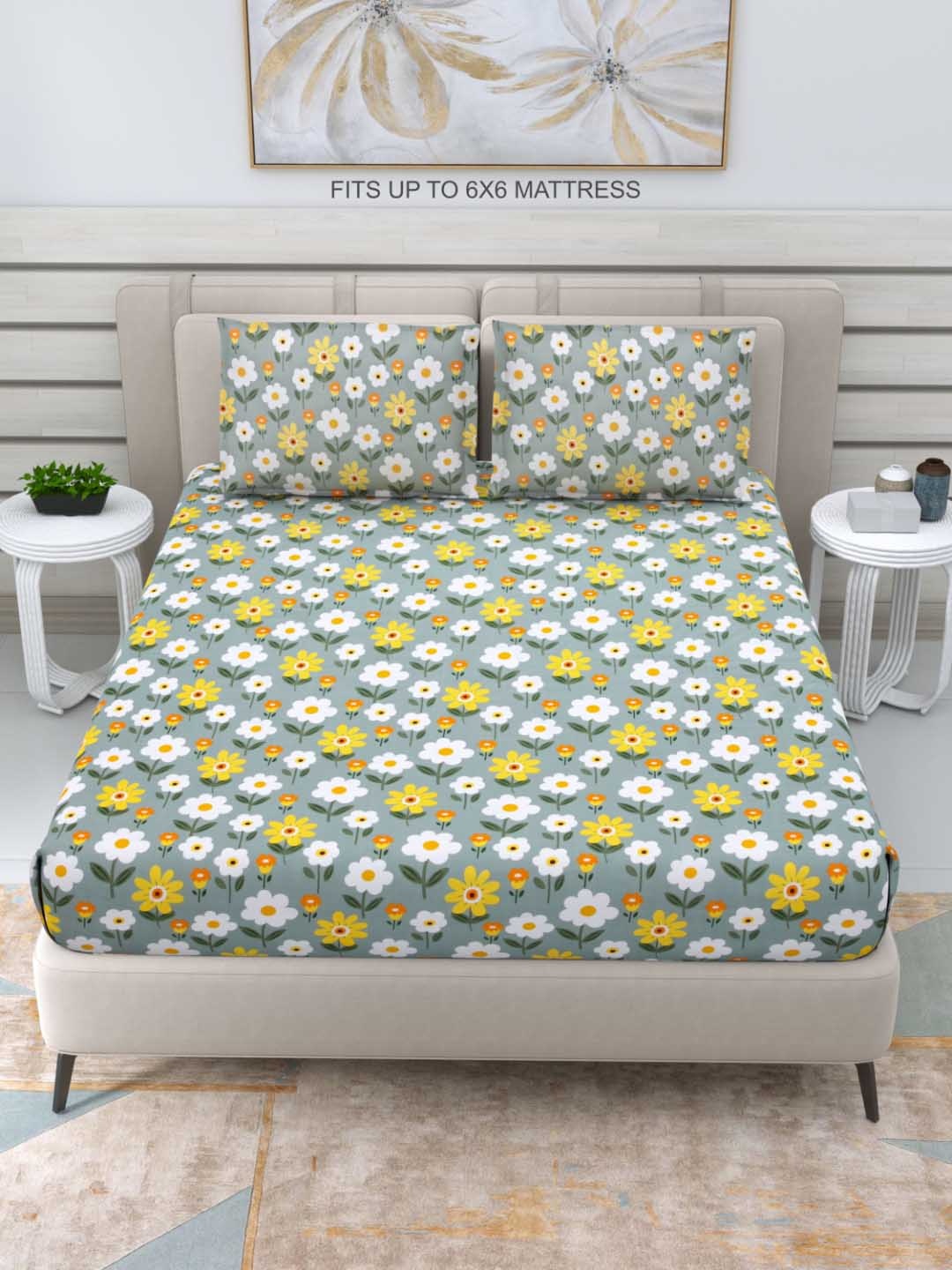 

DREAM WEAVERZ Grey & Yellow 220 TC Cotton Double Queen Bedsheet with 2 Pillow Covers