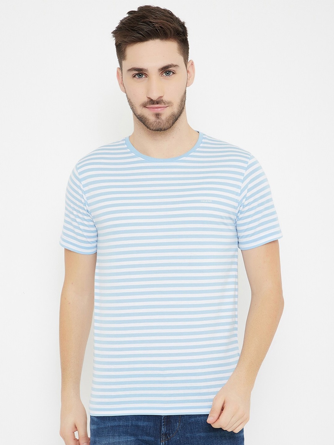 

Okane Men Blue & White Horizontal Striped T-shirt