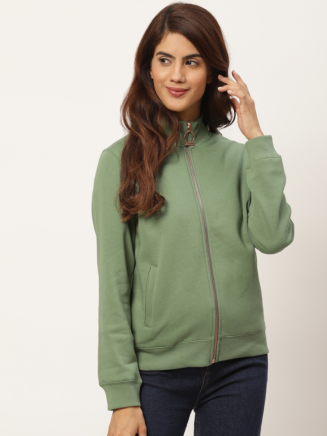

Madame Women Green Solid Sweatshirt
